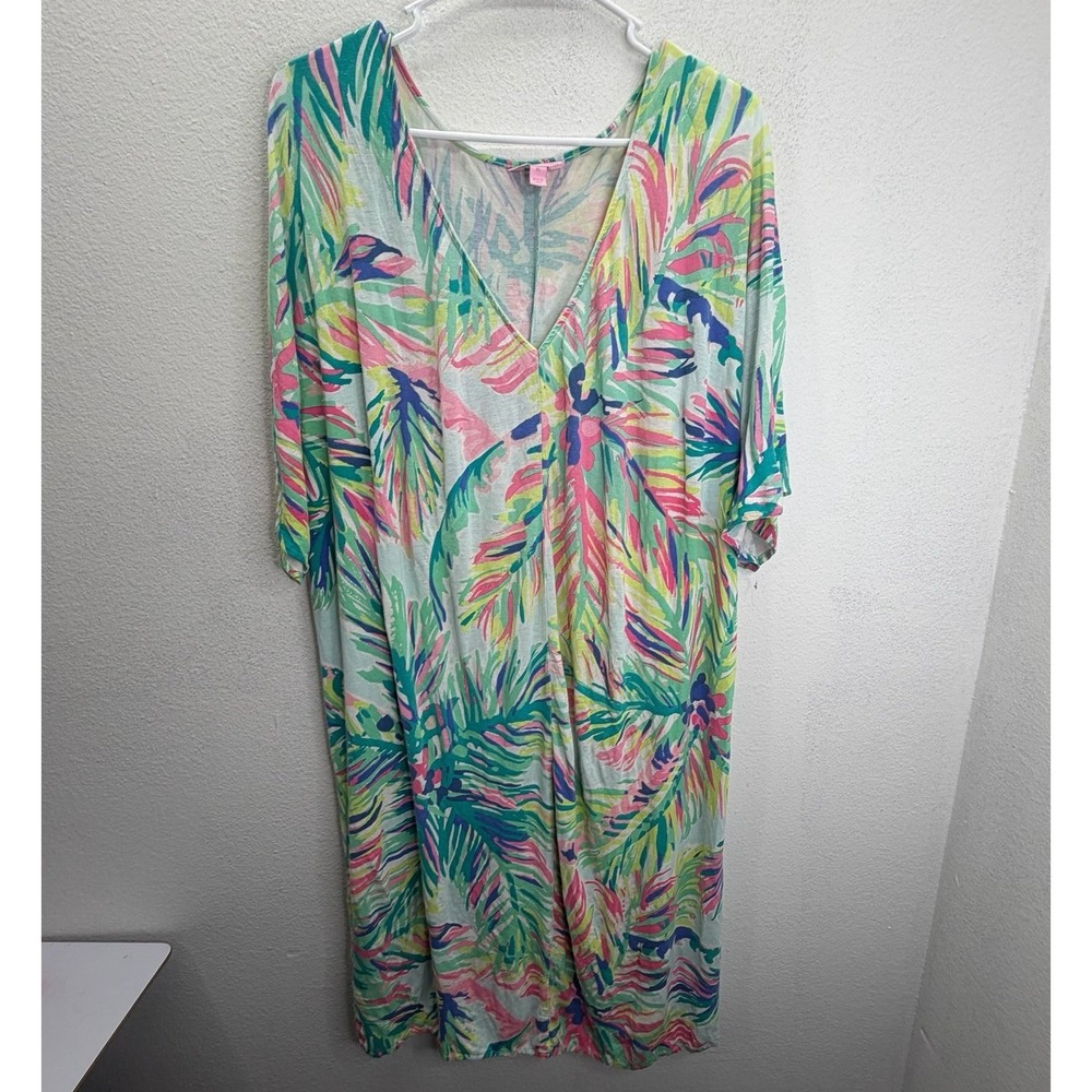 Lilly Pulitzer Tropical Dress Caftan Mini Short Sleeve SZ XL Resort Wear Beachy - Picture 1 of 5